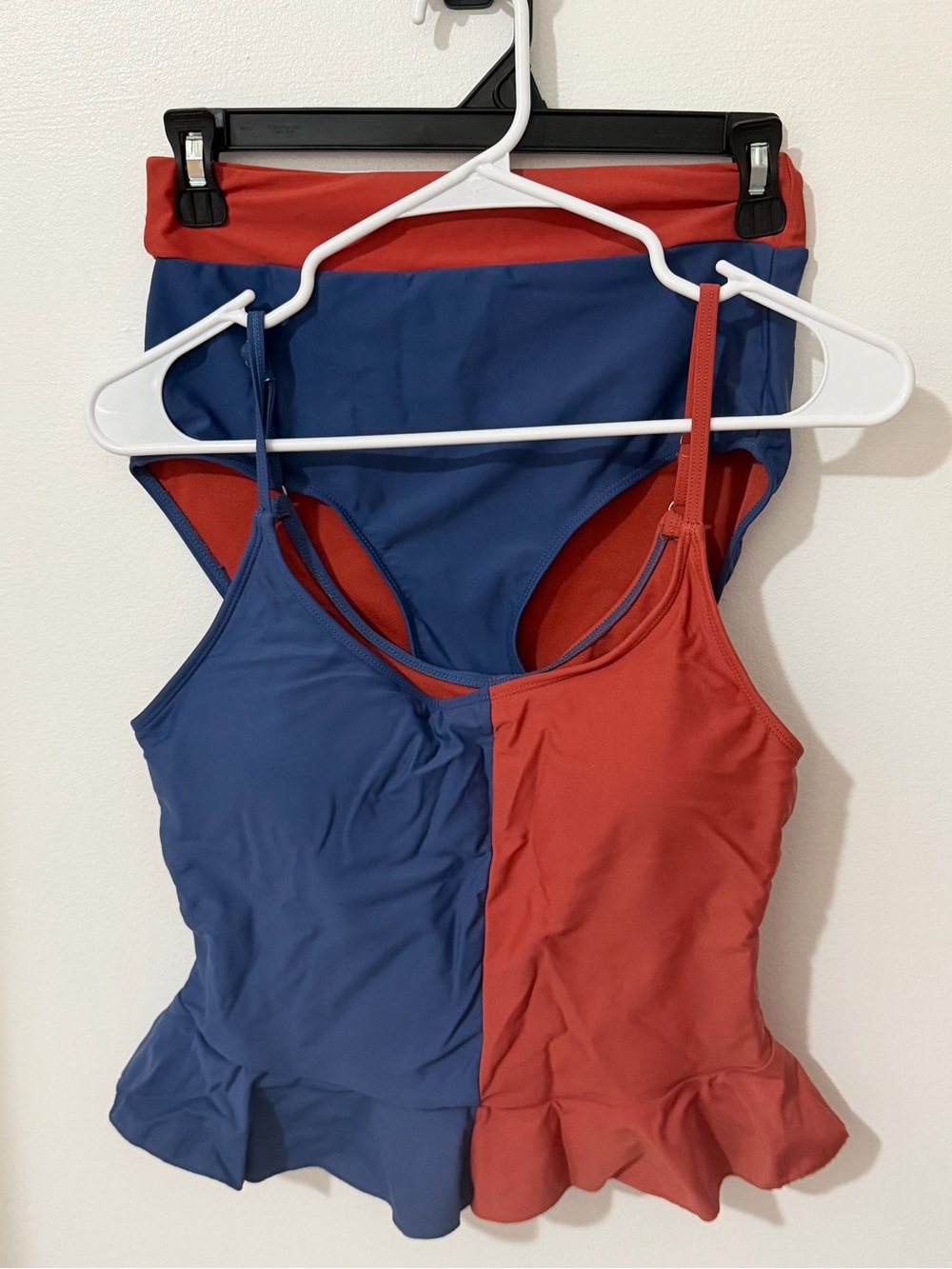 Two-Tone Blue & Red One-Piece Swim Suit with Ruffle Hem